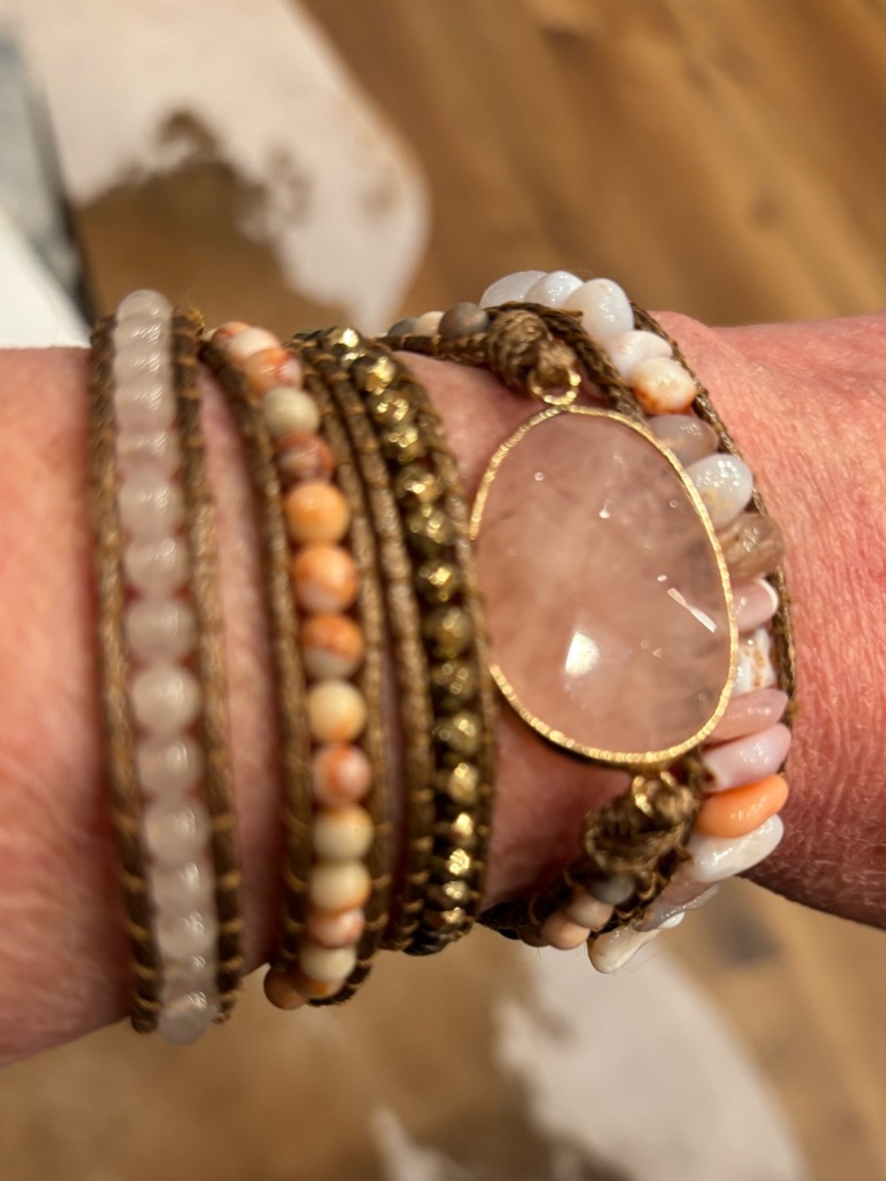 Handmade Pink Stone Wrap Bracelet with Mixed Beads